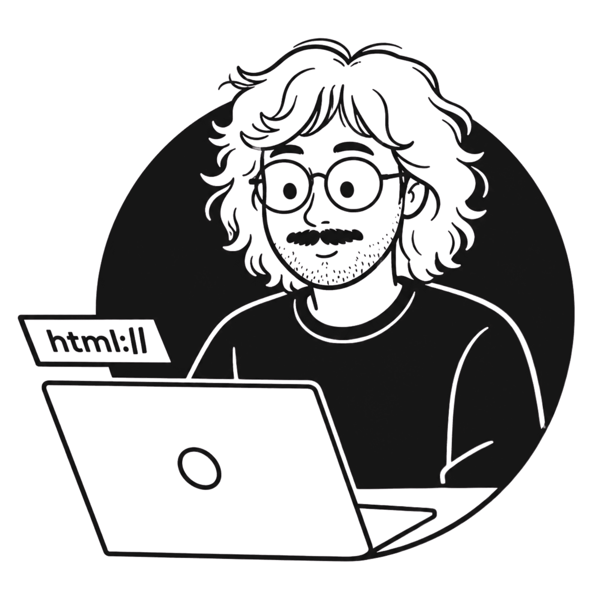 Illustration en noir et blanc de Valentin Mantez travaillant sur un ordinateur portable.