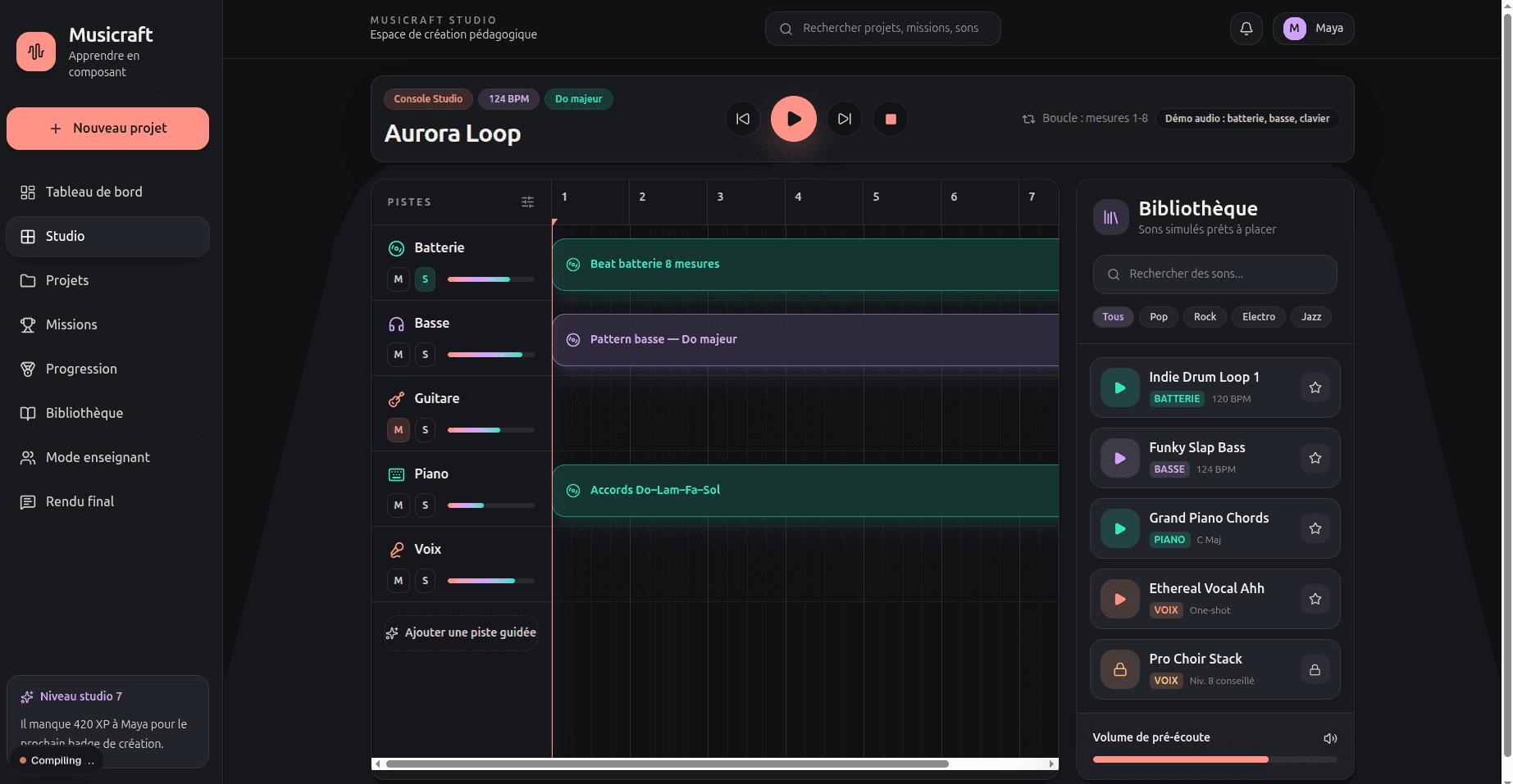 Capture de l’interface Musicraft montrant le studio, la timeline et la bibliothèque de sons.